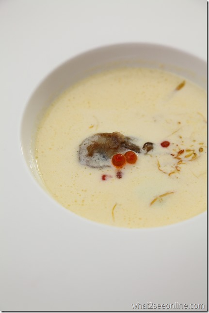 Cauliflower Veloute with oyster, Ikura and herb flan at Farquhar Mansion Penang